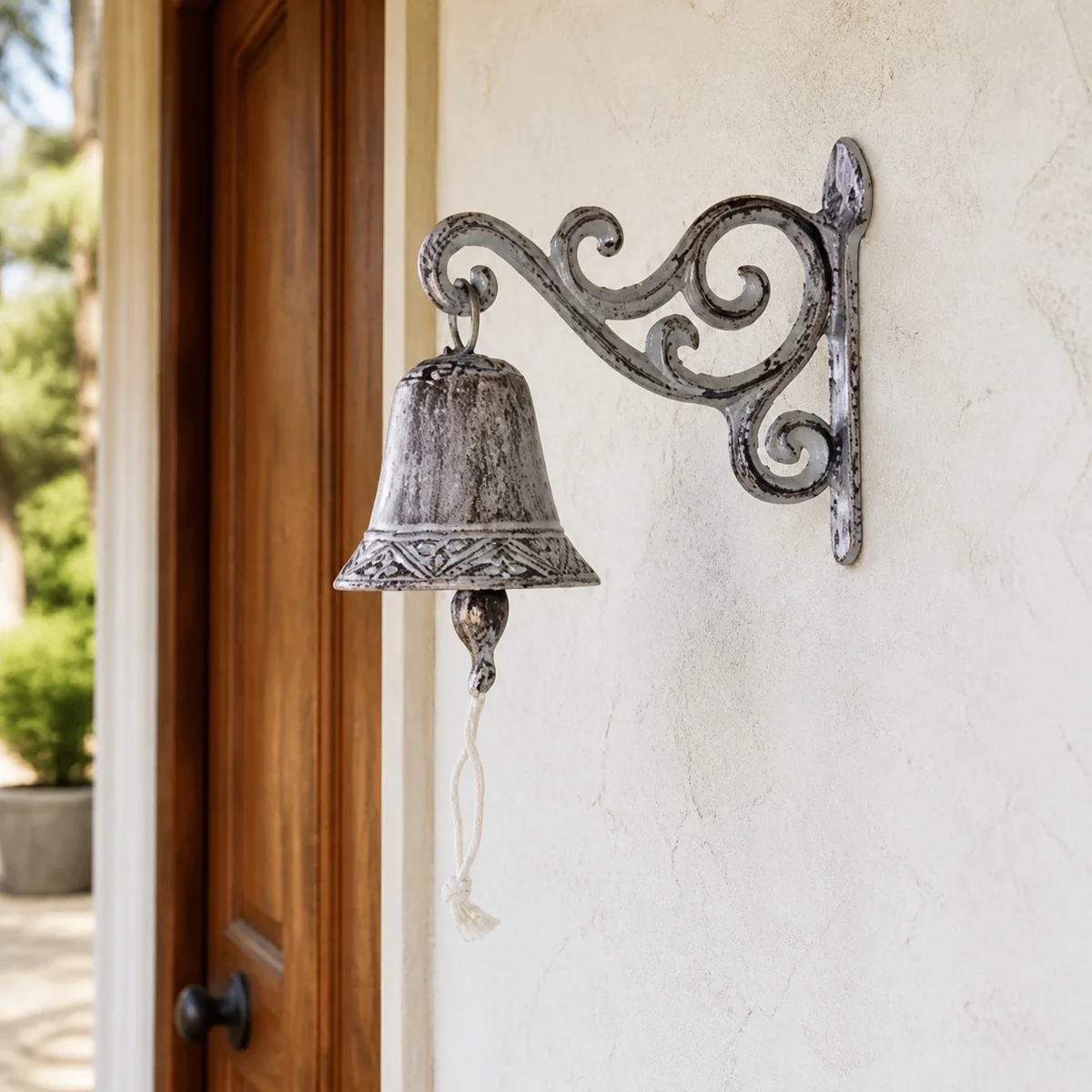 Silver Scroll-Bracket Bell staged in a curated room setting one.