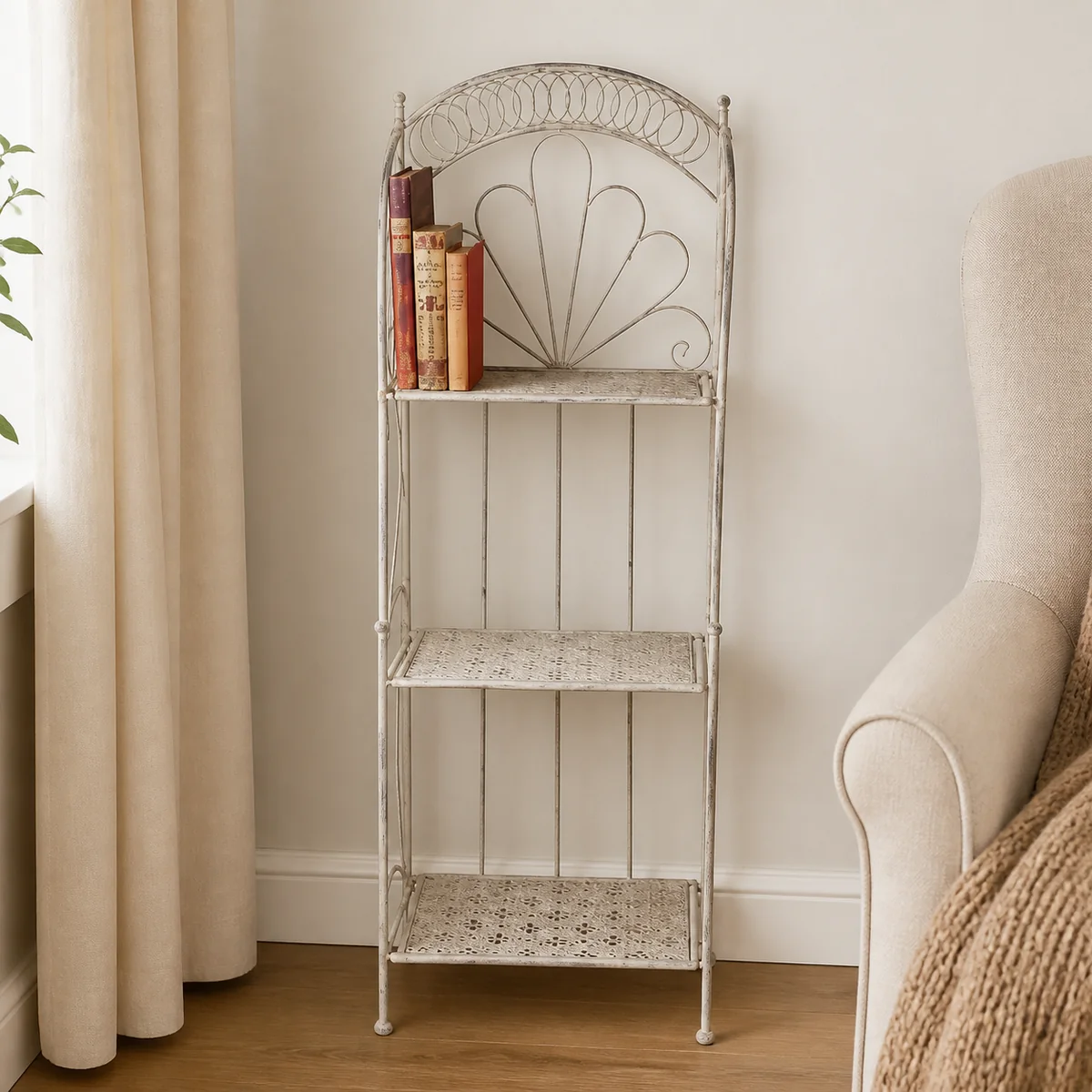 Silver Slim Fanback Rack staged in a curated room setting one.