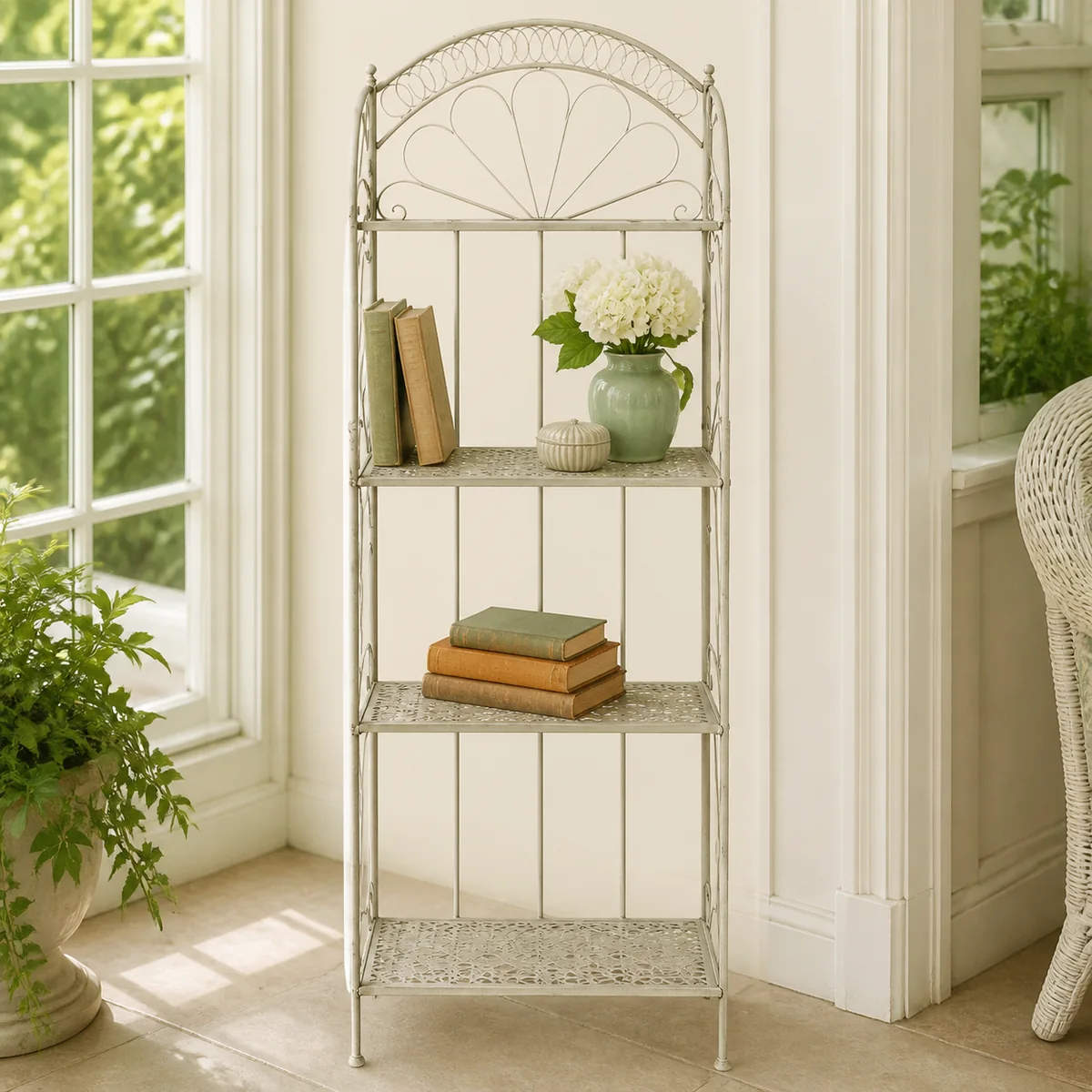 Ivory Tall Fanback Rack staged in a curated room setting one.