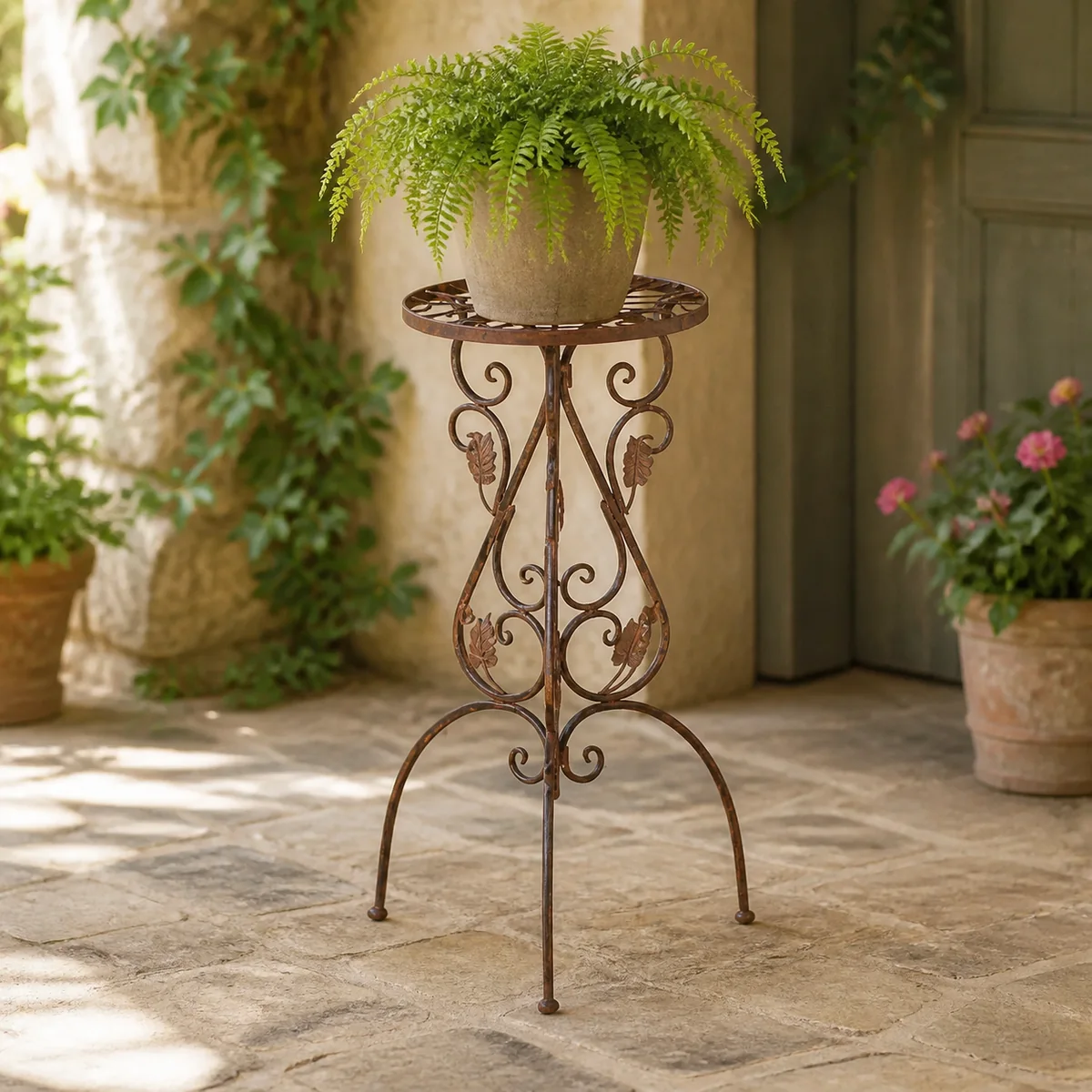 Rust Scroll Plant Stand staged in a curated room setting one.
