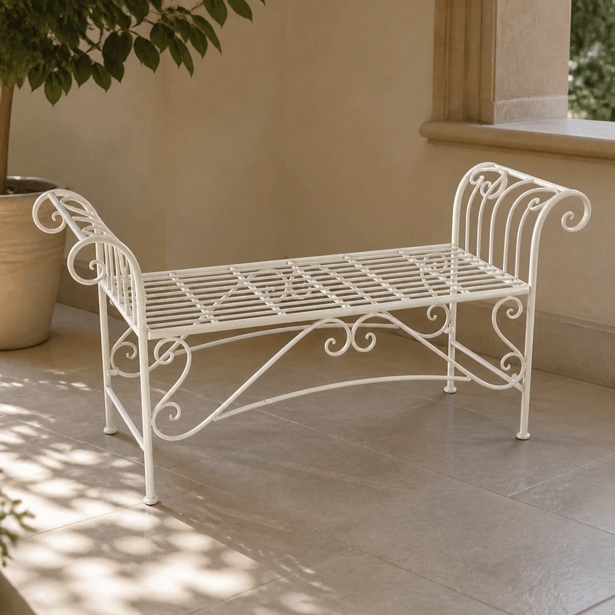 Ivory Scrolled Garden Perch staged in a curated room setting one.