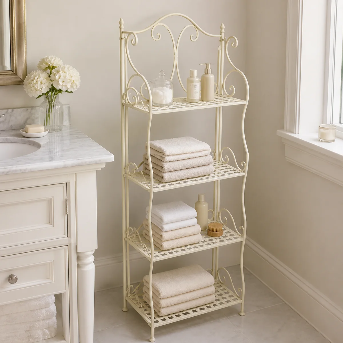 Ivory Scroll Four-Tier Rack staged in a curated room setting one.