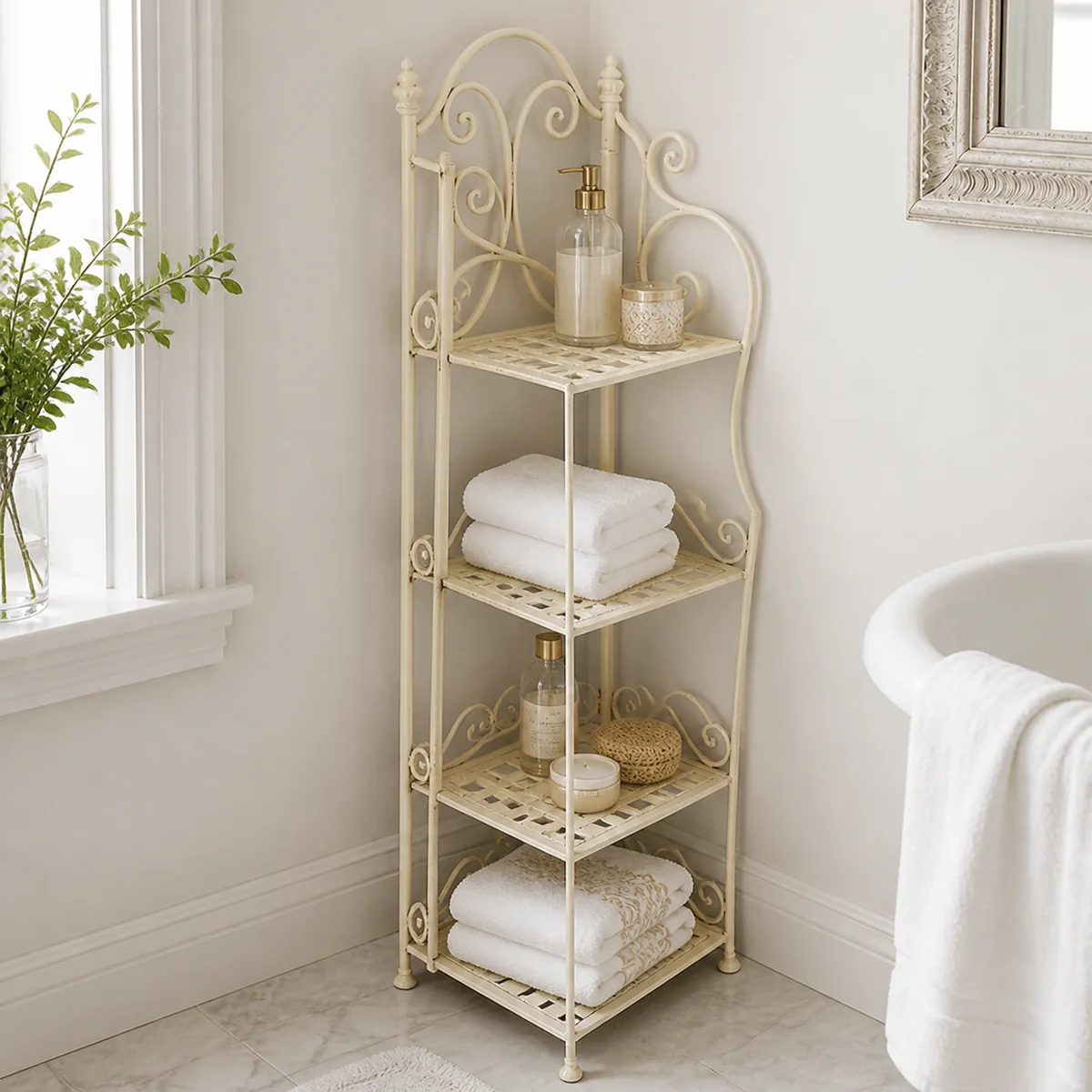 Ivory Corner Scroll Rack staged in a curated room setting one.