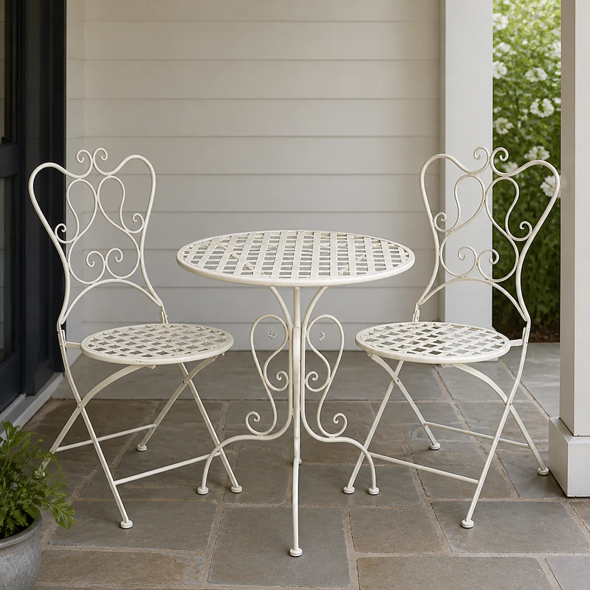 Ivory Lattice Bistro Set staged in a curated room setting one.