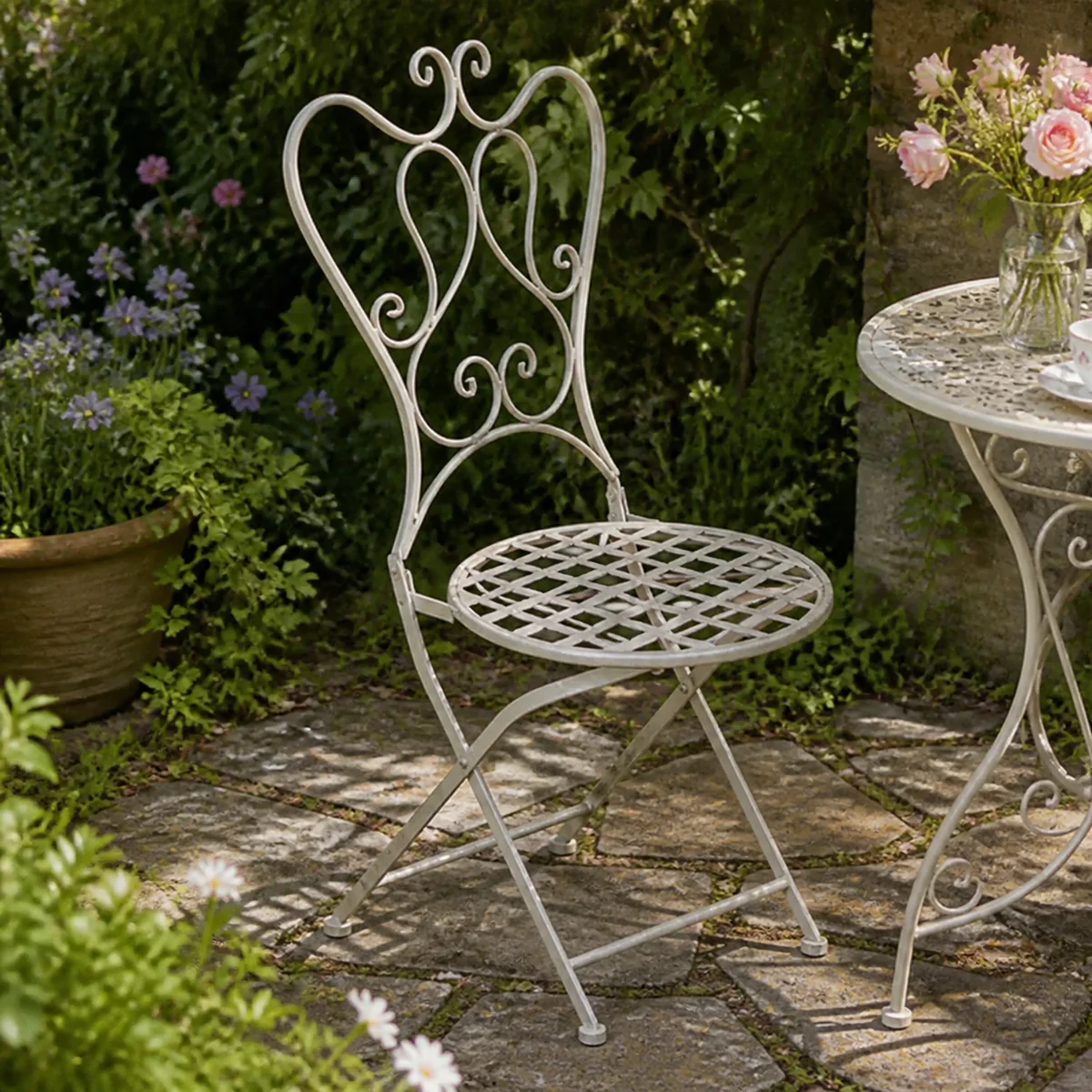 Parchment Scroll Garden Chair staged in a curated room setting one.