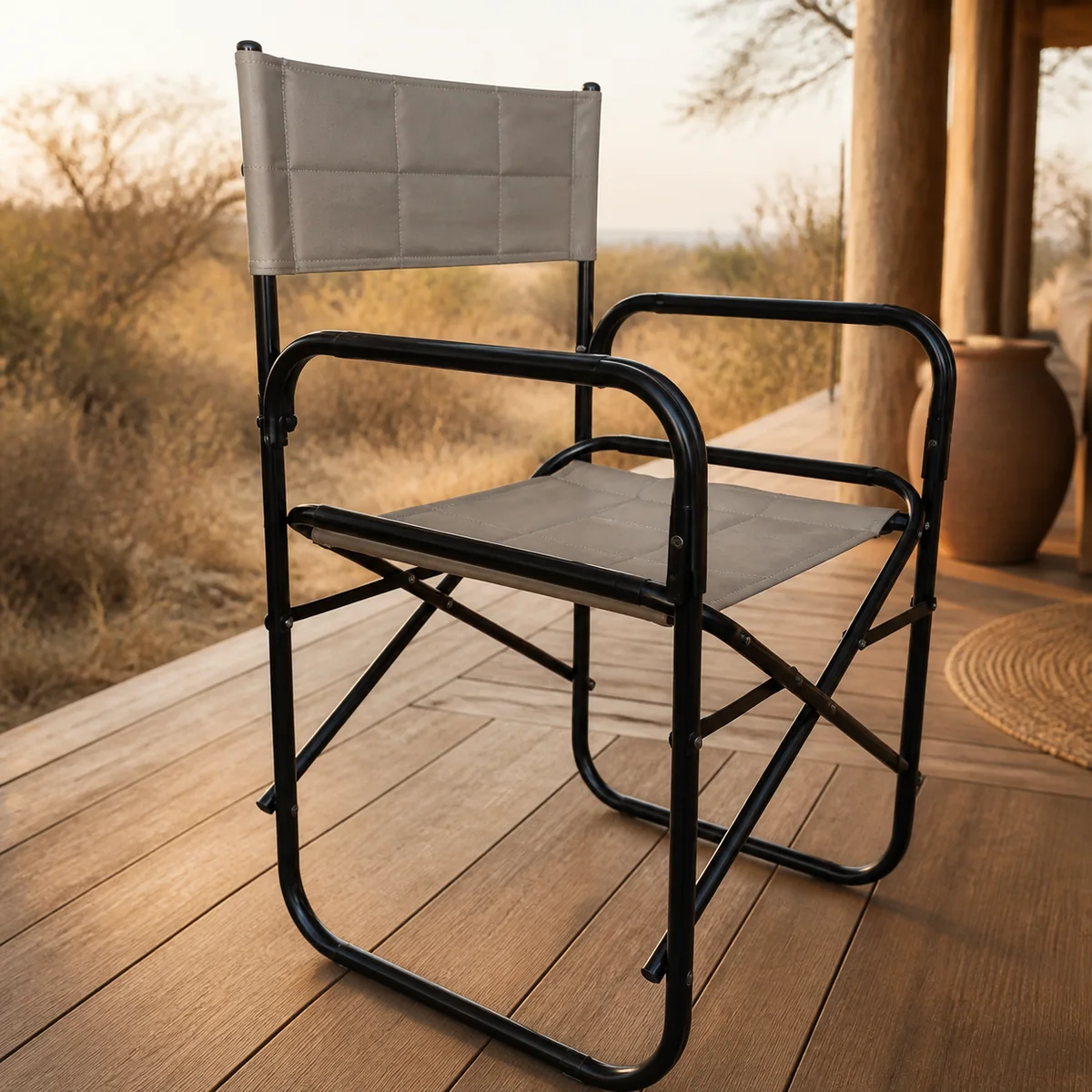 Safari Folding Director Chair staged in a curated room setting one.