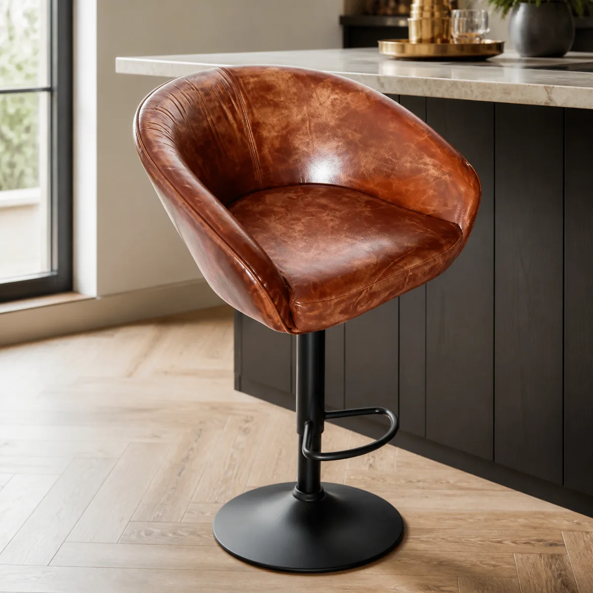 Burnished Leather Swivel Bar Chair staged in a curated room setting one.