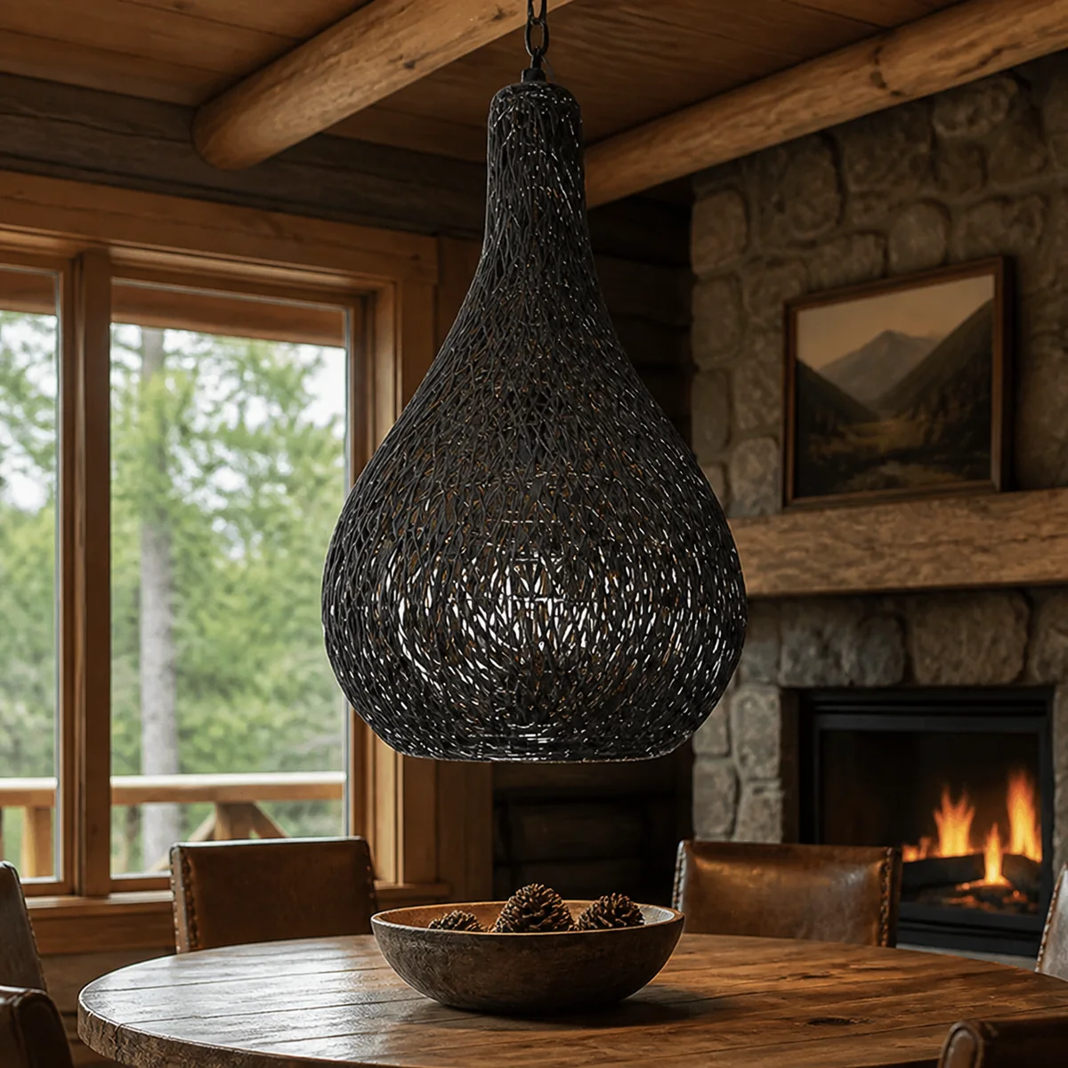 Midnight Woven Teardrop Pendant staged in a curated room setting one.