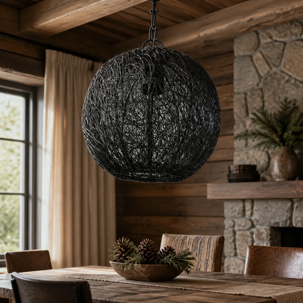 Midnight Woven Globe Pendant staged in a curated room setting one.