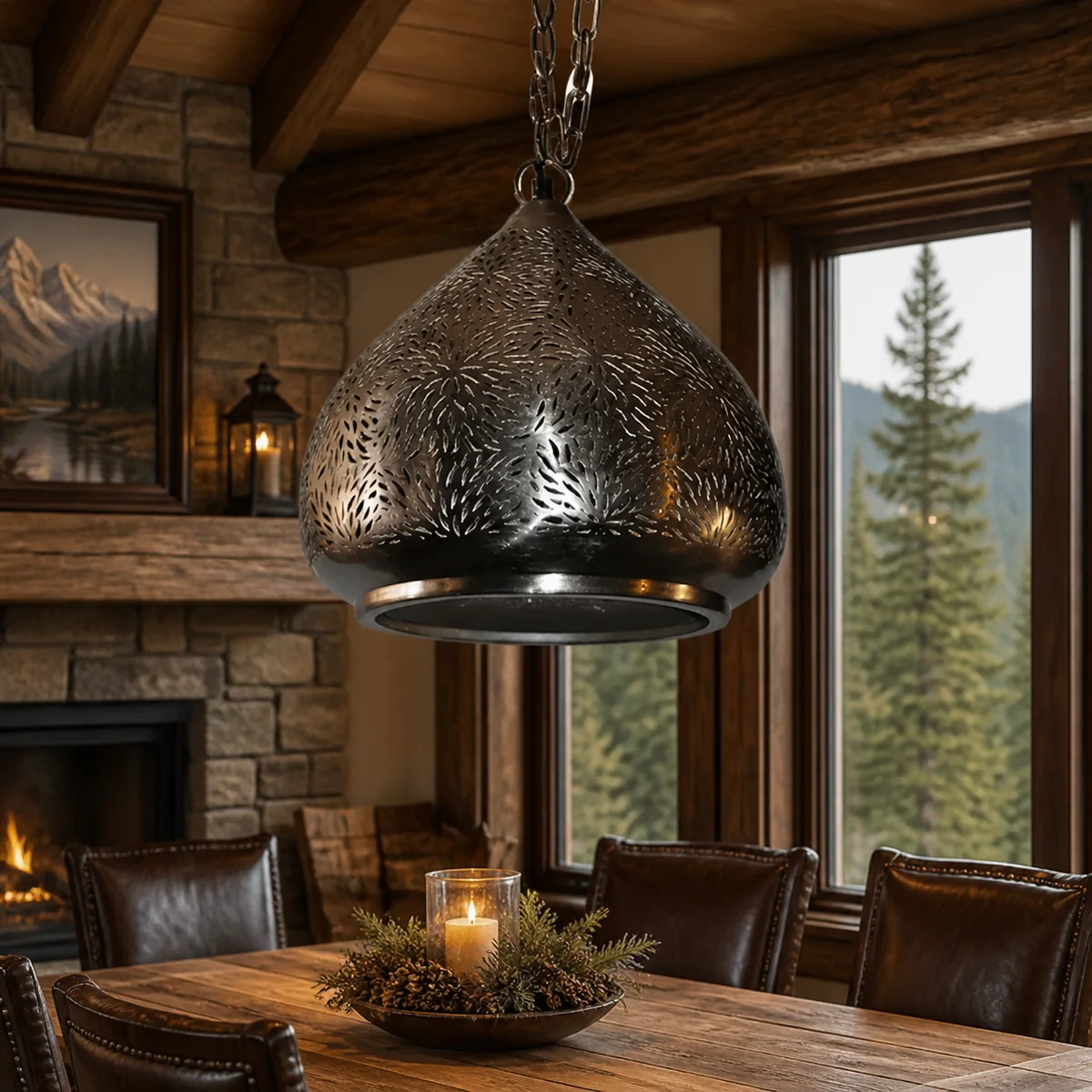 Antique Brass Pierced Pendant staged in a curated room setting one.