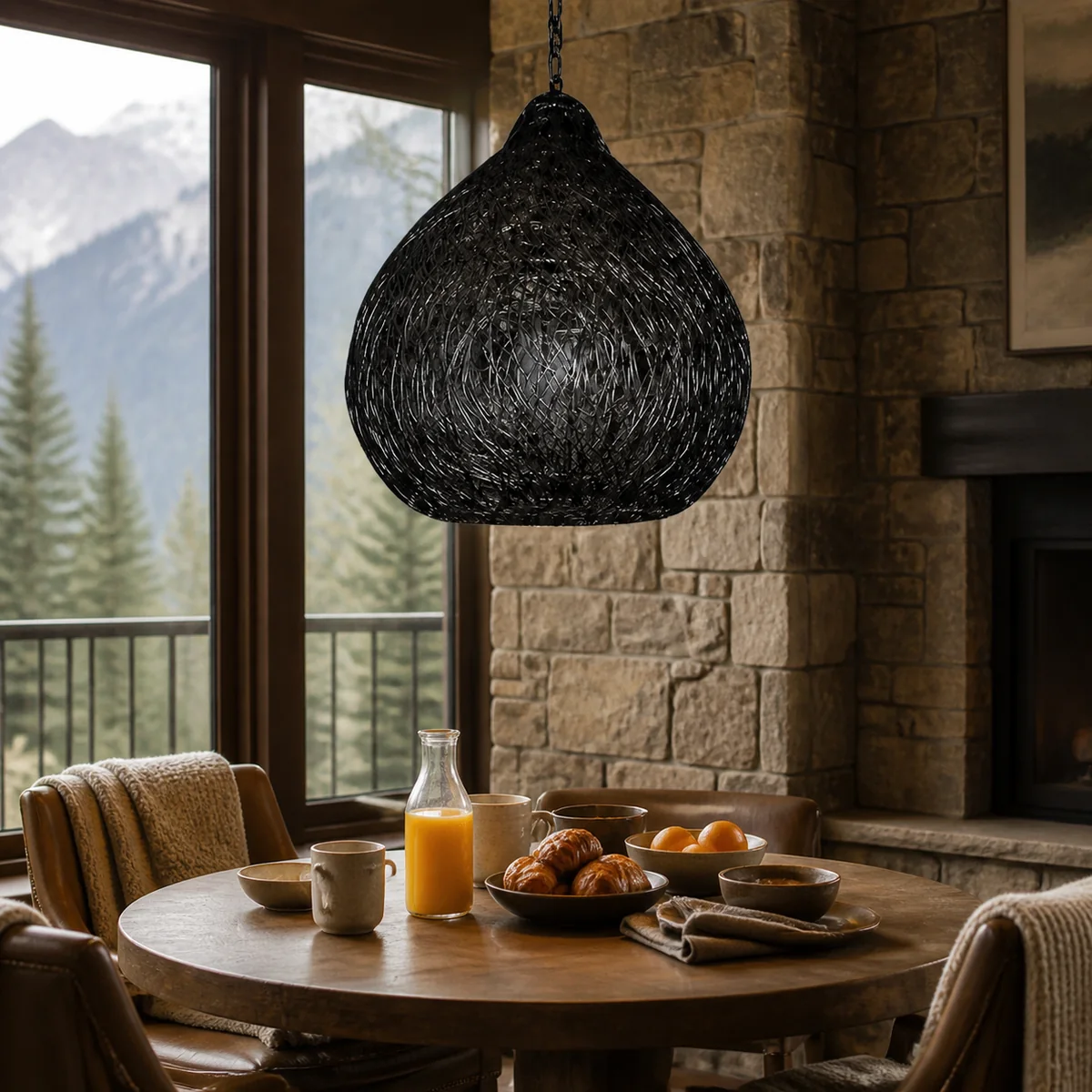Midnight Woven Bell Pendant staged in a curated room setting one.