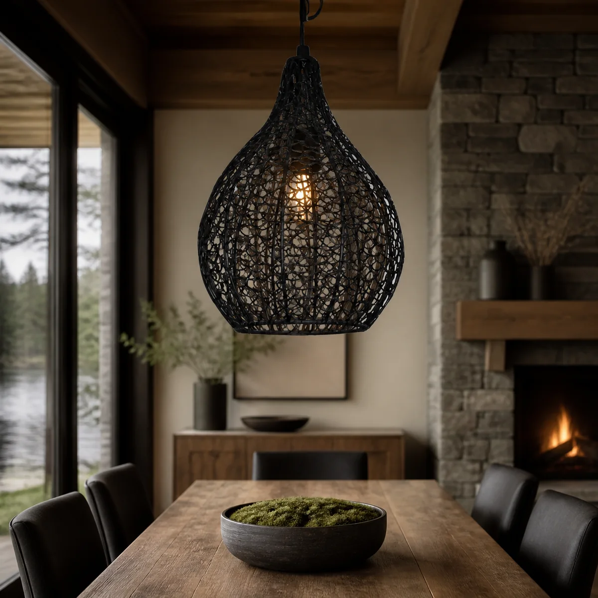 Midnight Lattice Teardrop Pendant staged in a curated room setting one.