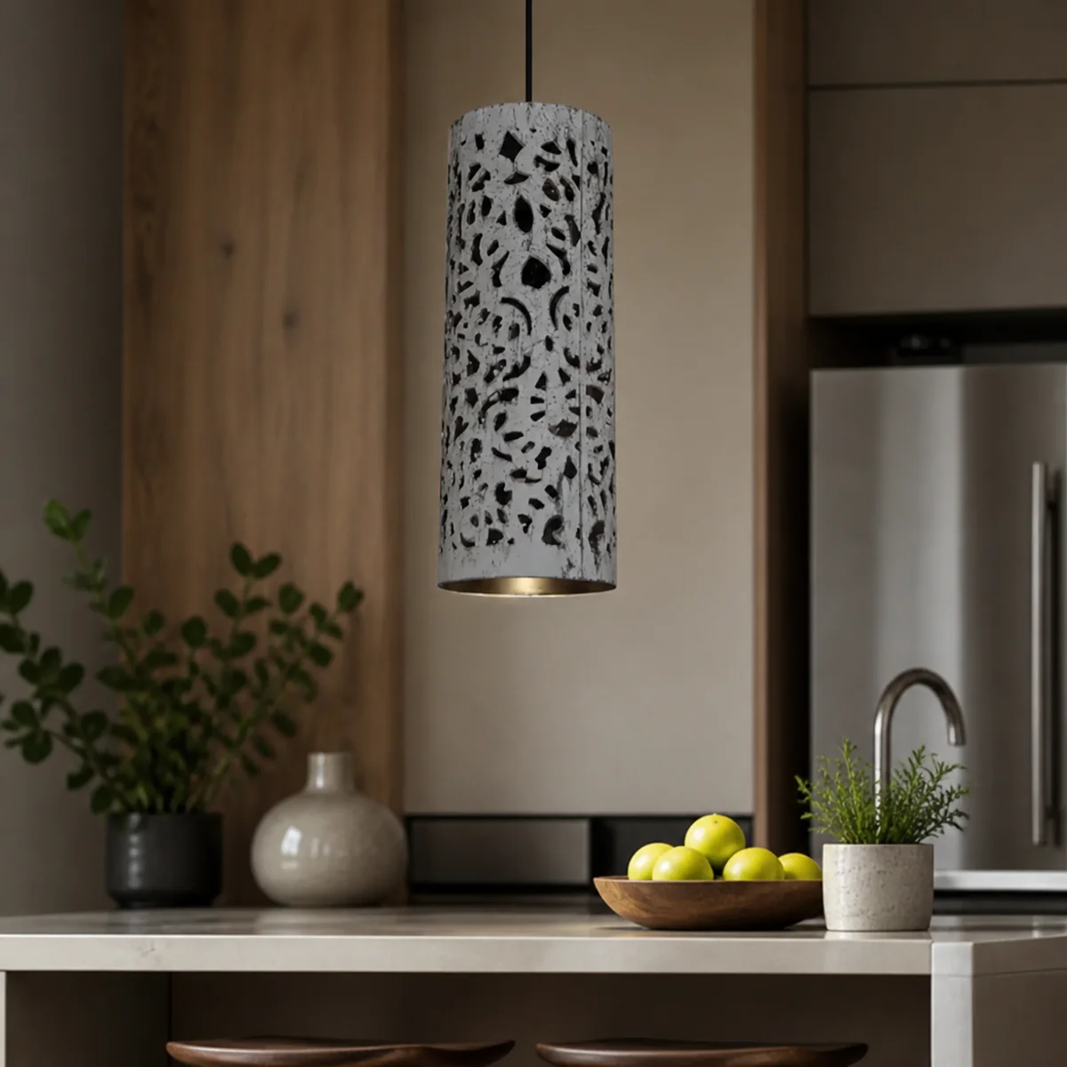 Silver Floral Cutwork Pendant staged in a curated room setting one.