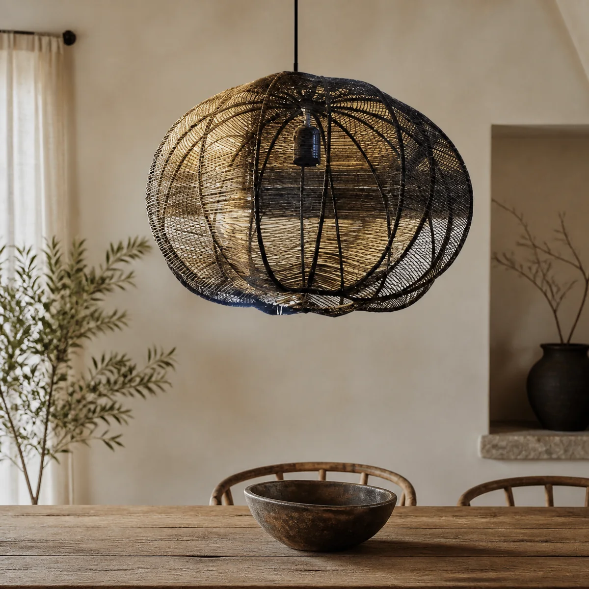 Natural Pumpkin Wire Pendant staged in a curated room setting one.