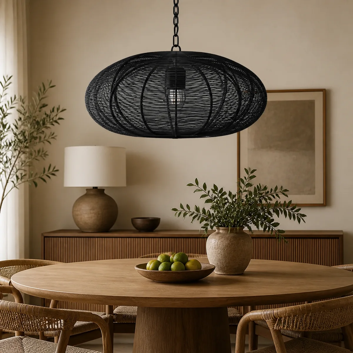 Midnight Oval Wire Pendant staged in a curated room setting one.