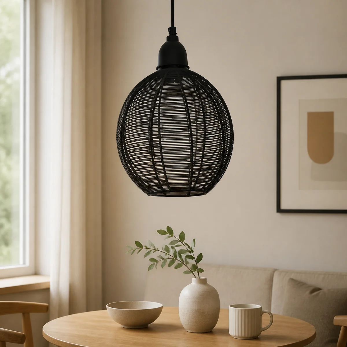 Midnight Round Wire Pendant staged in a curated room setting one.