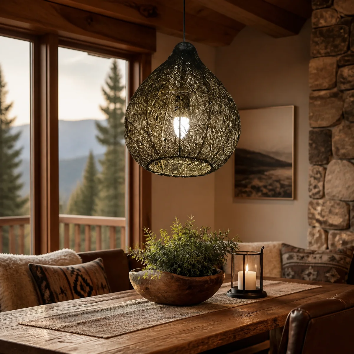 Smoke Woven Bulb Pendant staged in a curated room setting one.