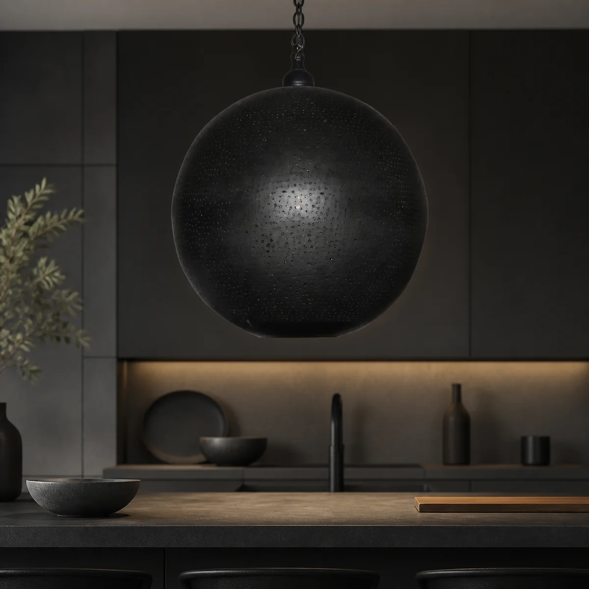 Midnight Perforated Globe Pendant staged in a curated room setting one.