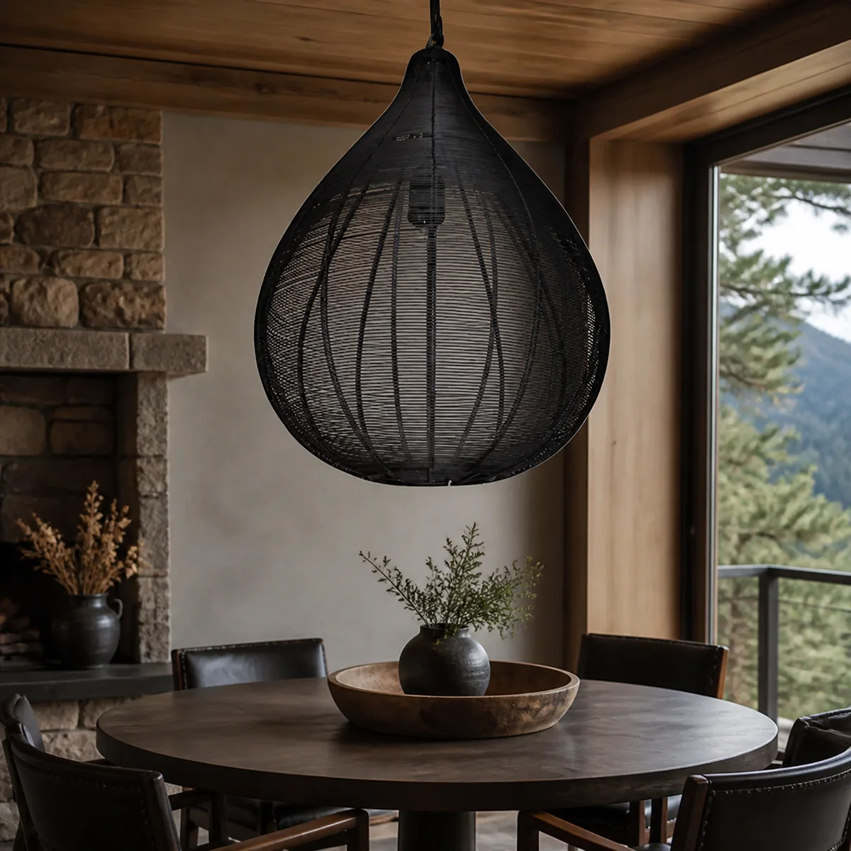 Midnight Wire Teardrop Pendant staged in a curated room setting one.