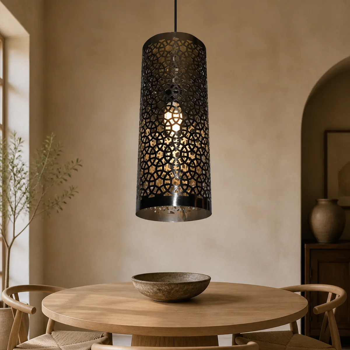 Midnight Arabesque Cylinder Pendant staged in a curated room setting one.