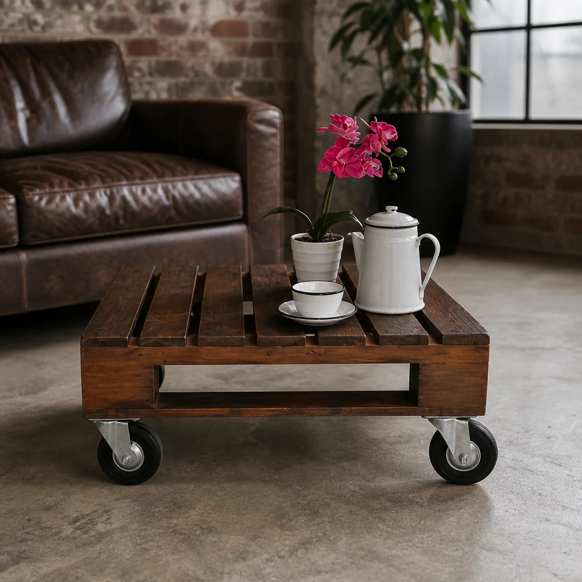Workshop Pallet Coffee Cart staged in a curated room setting one.