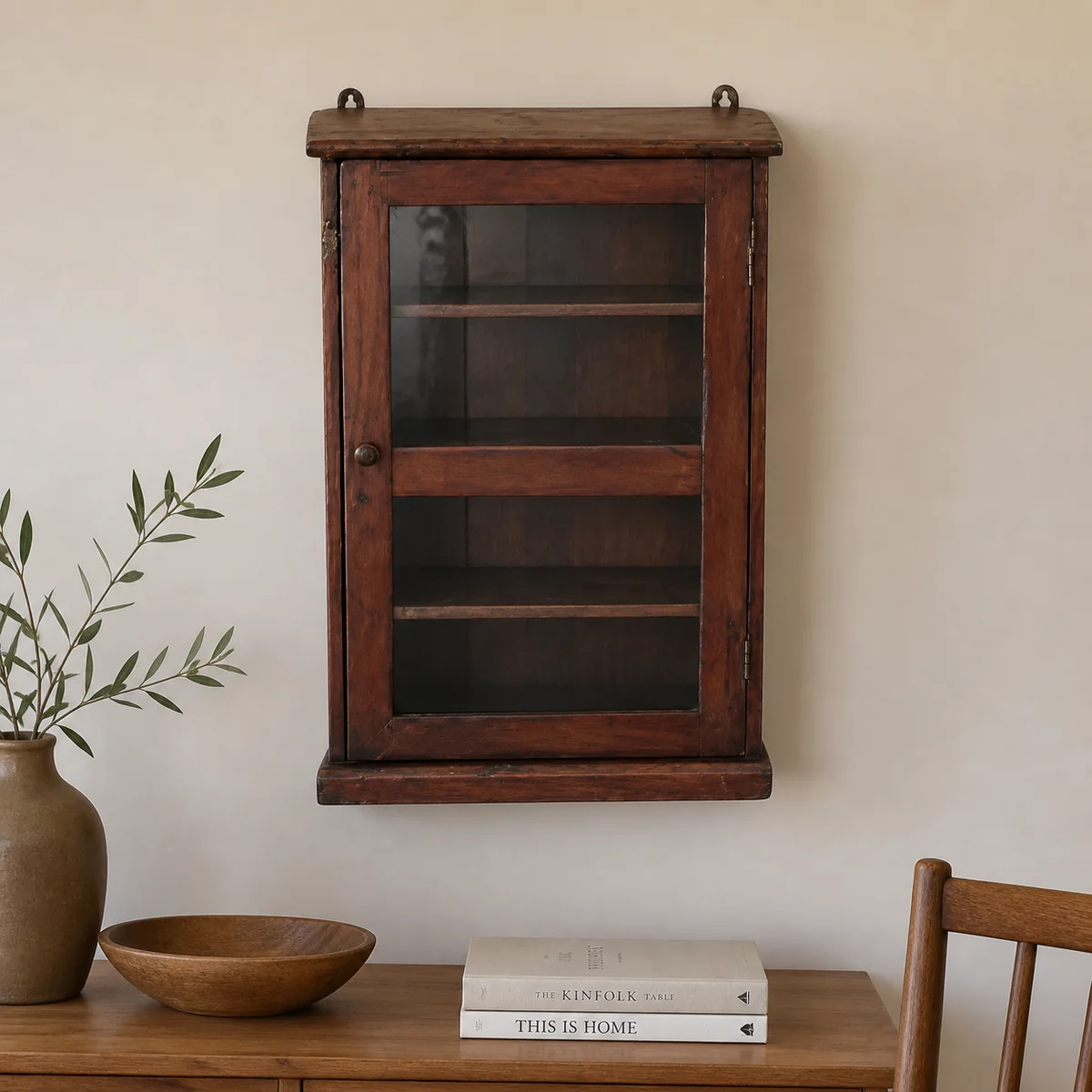 Otavi Wall Display Cabinet staged in a curated room setting one.