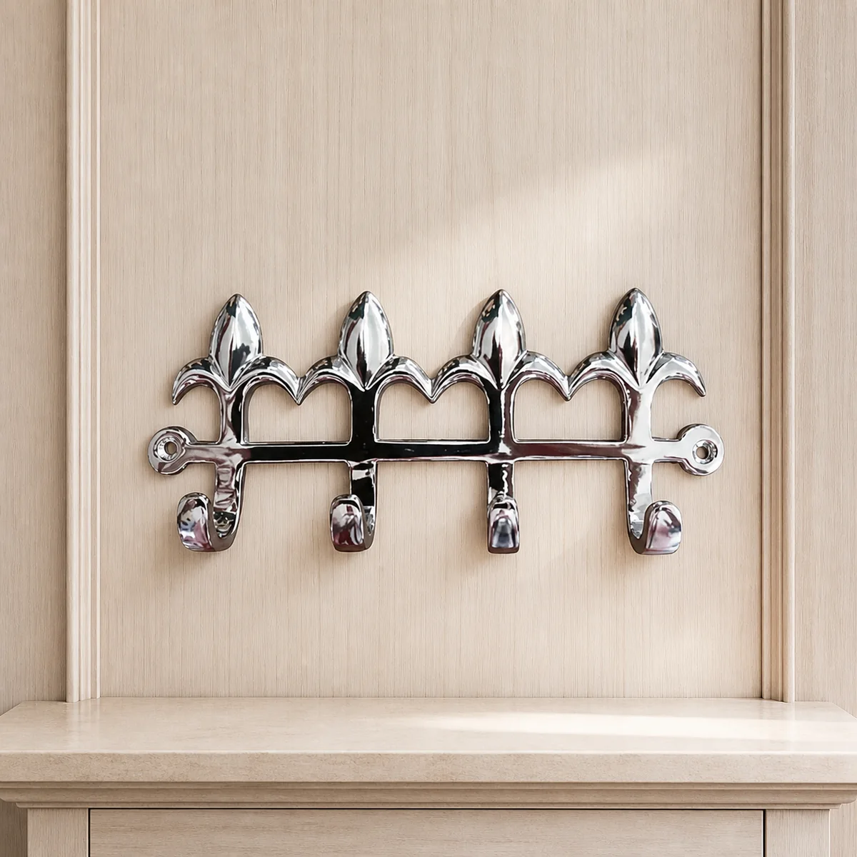 Fleur-De-Lis Four-Hook Rail staged in a curated room setting one.
