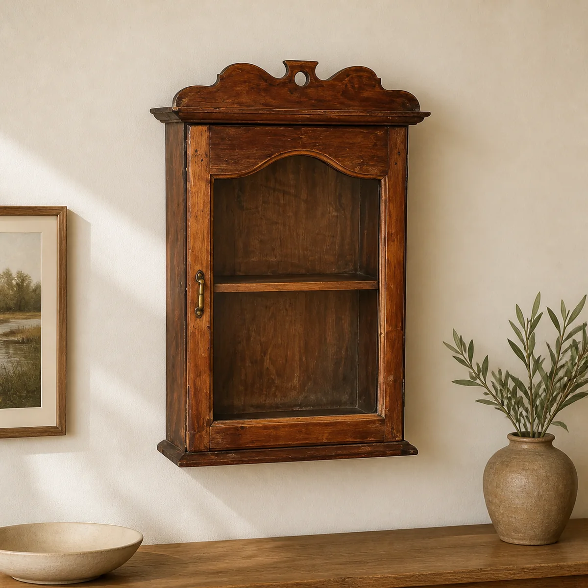 Heritage Crest Wall Cabinet staged in a curated room setting one.