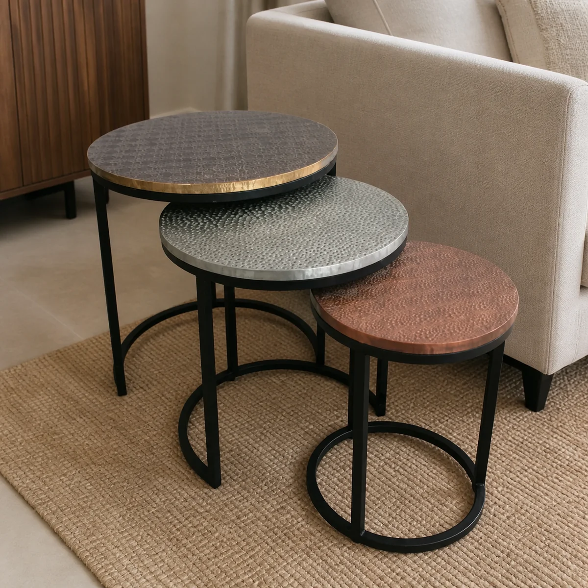 Foundry Round Nesting Tables staged in a curated room setting one.