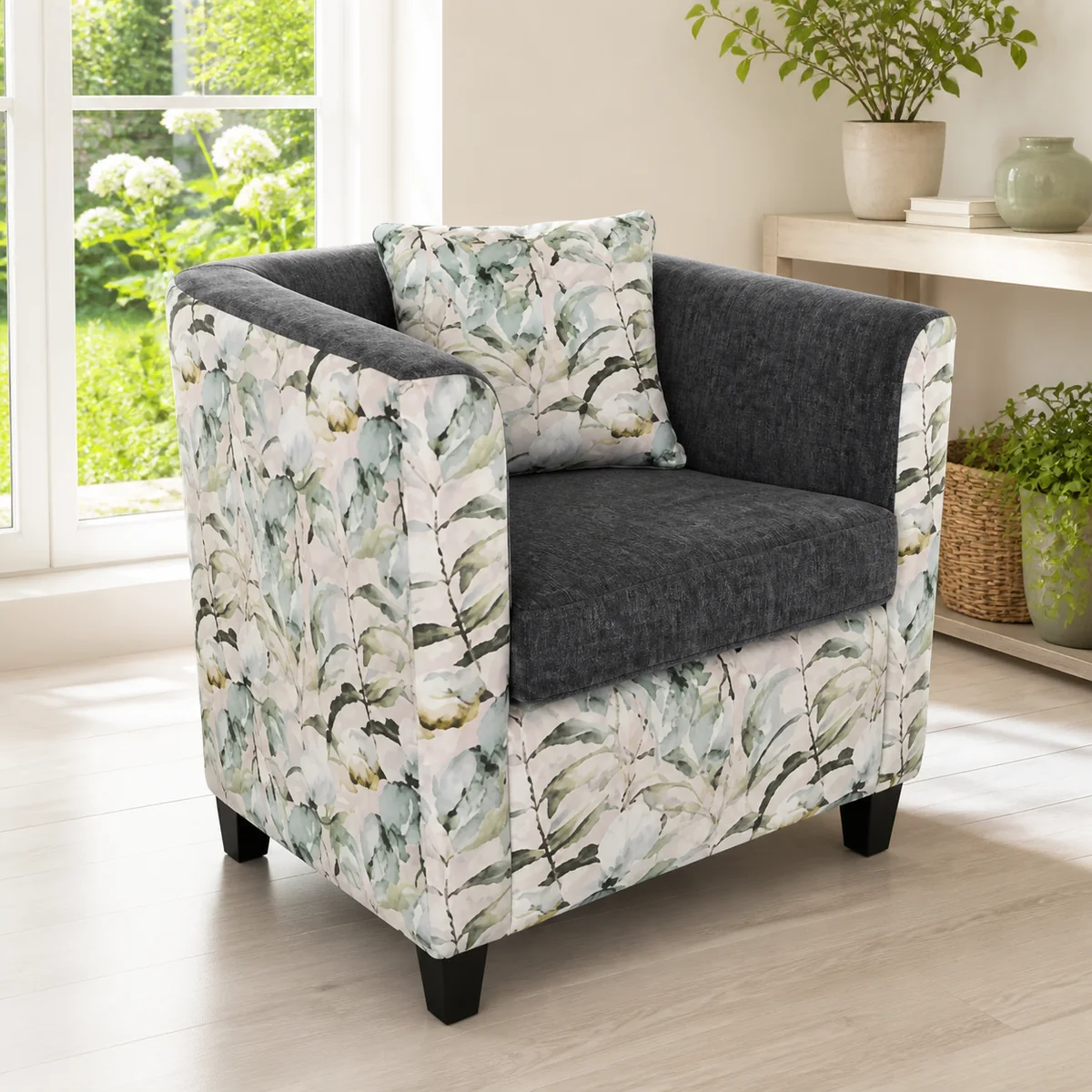 Botanical Charcoal Club Chair staged in a curated room setting one.