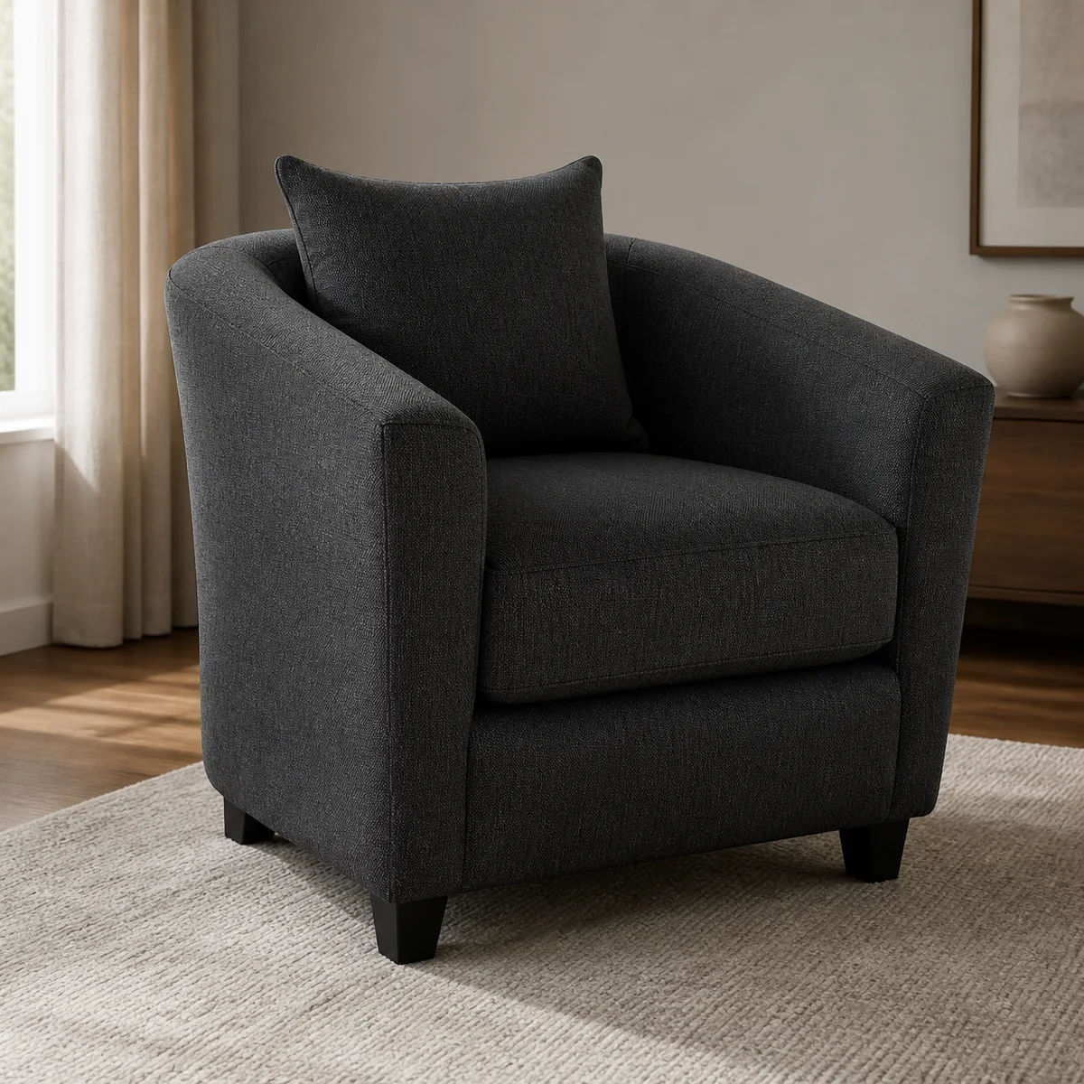 Charcoal Tuxedo Club Chair staged in a curated room setting one.