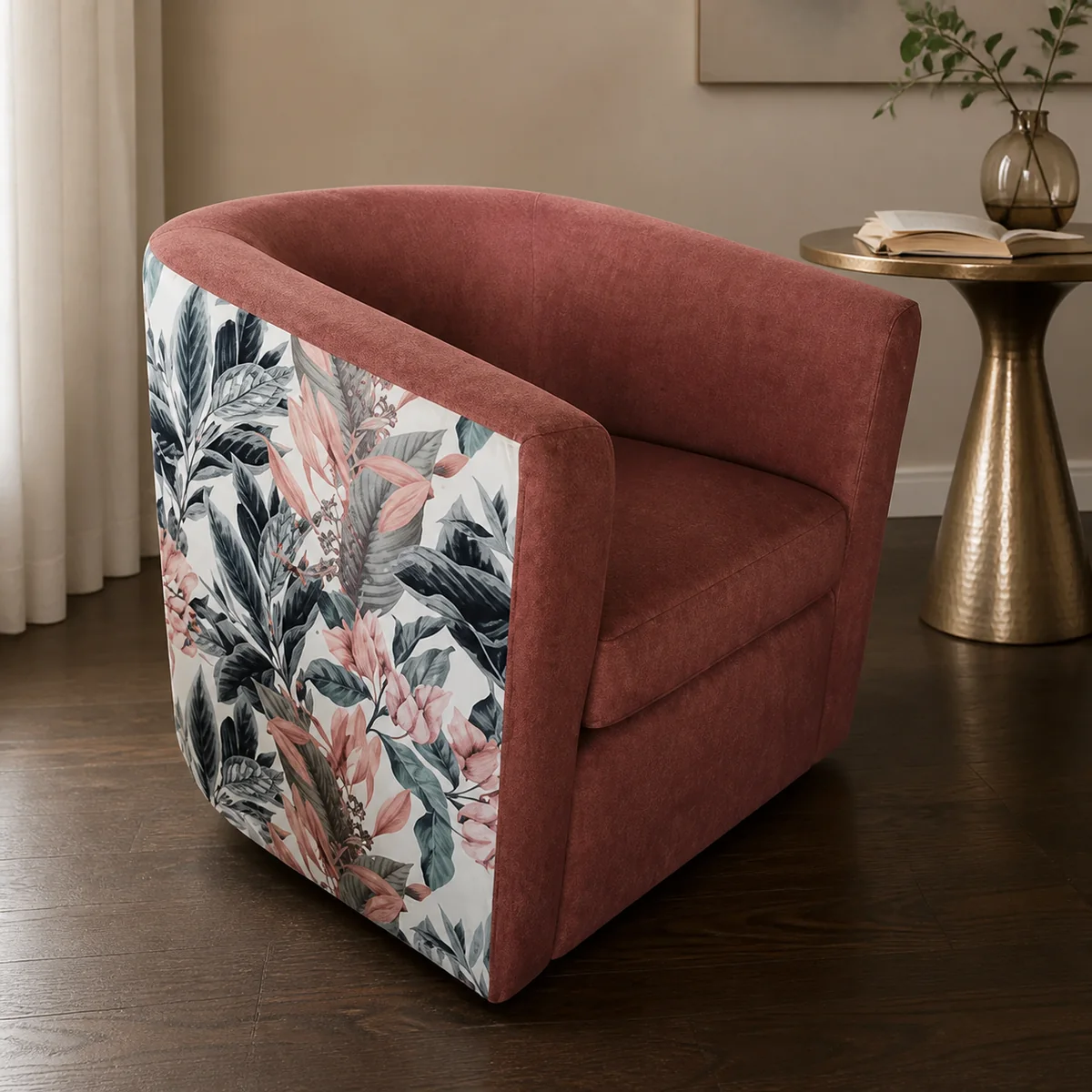 Rosewood Botanical Accent Chair staged in a curated room setting one.