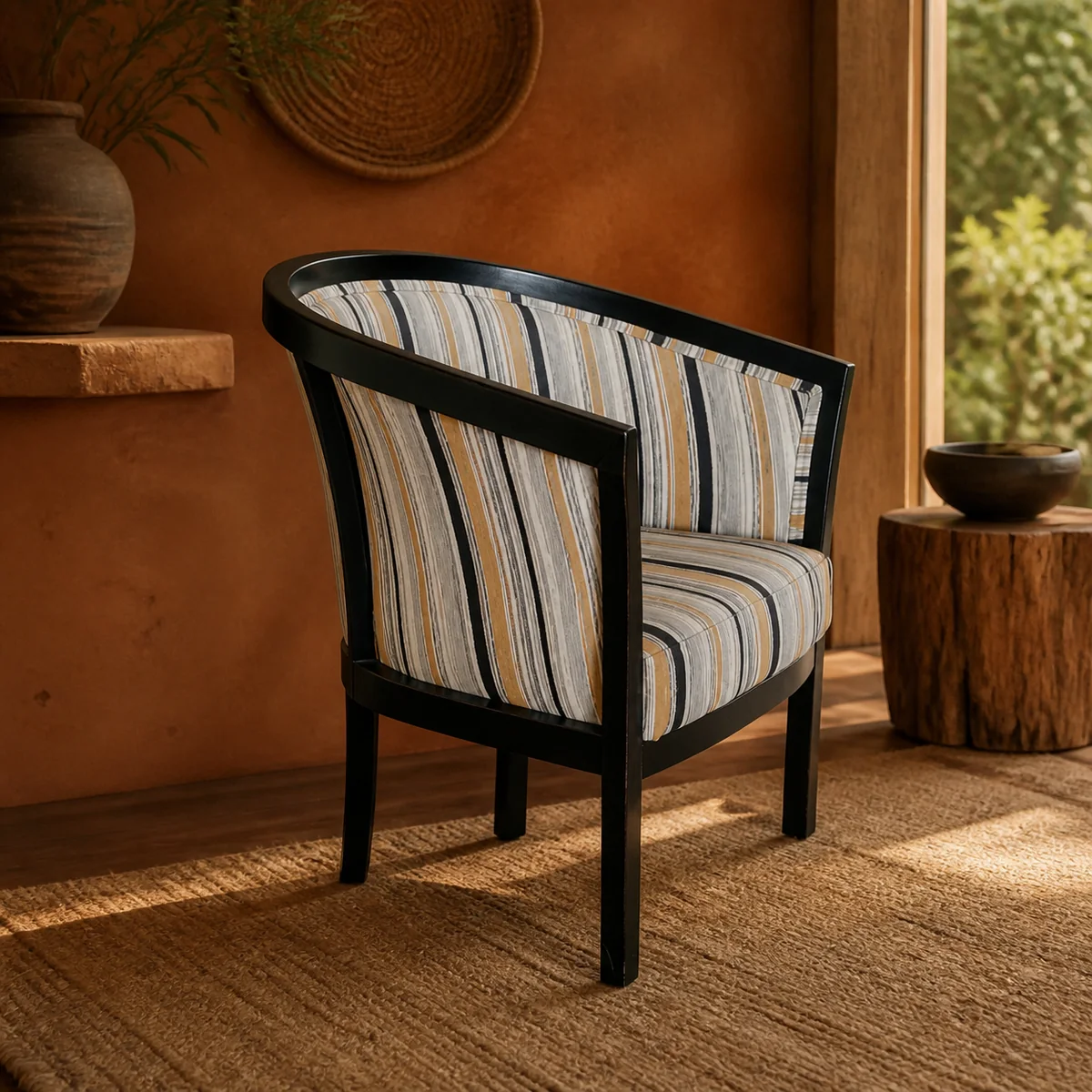 Savanna Stripe Barrel Chair staged in a curated room setting one.