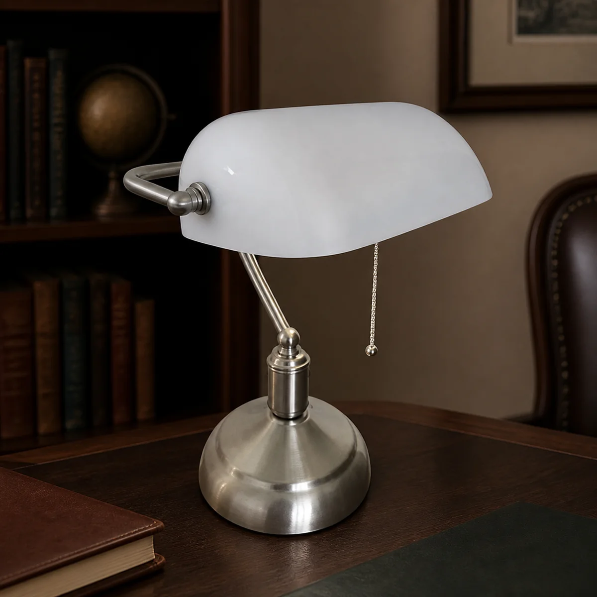 Nickel Banker Desk Lamp staged in a curated room setting one.