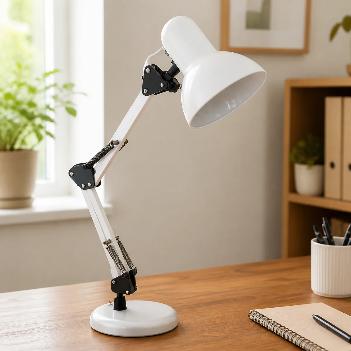 Ivory Anglepoise Desk Lamp staged in a curated room setting one.