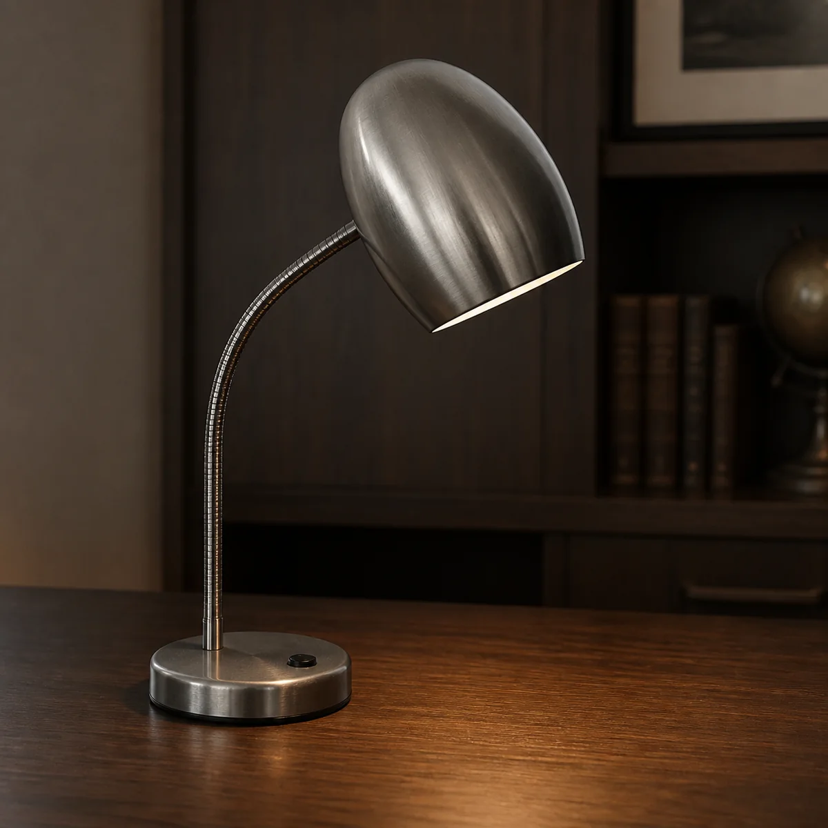 Satin Capsule Desk Lamp staged in a curated room setting one.