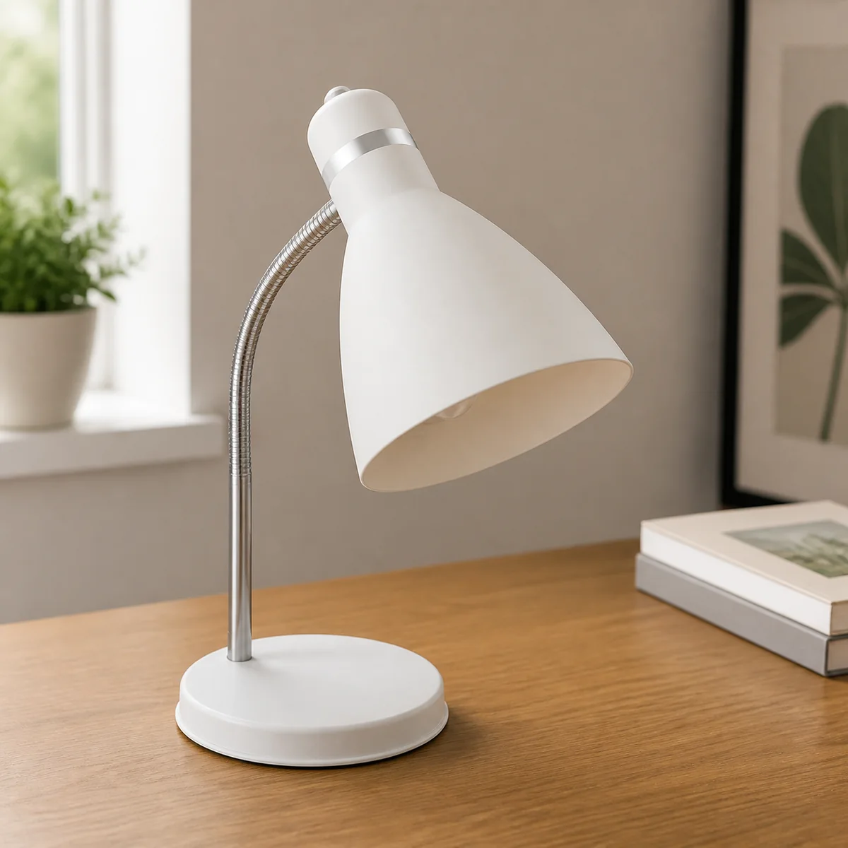 Ivory Bell Desk Lamp staged in a curated room setting one.