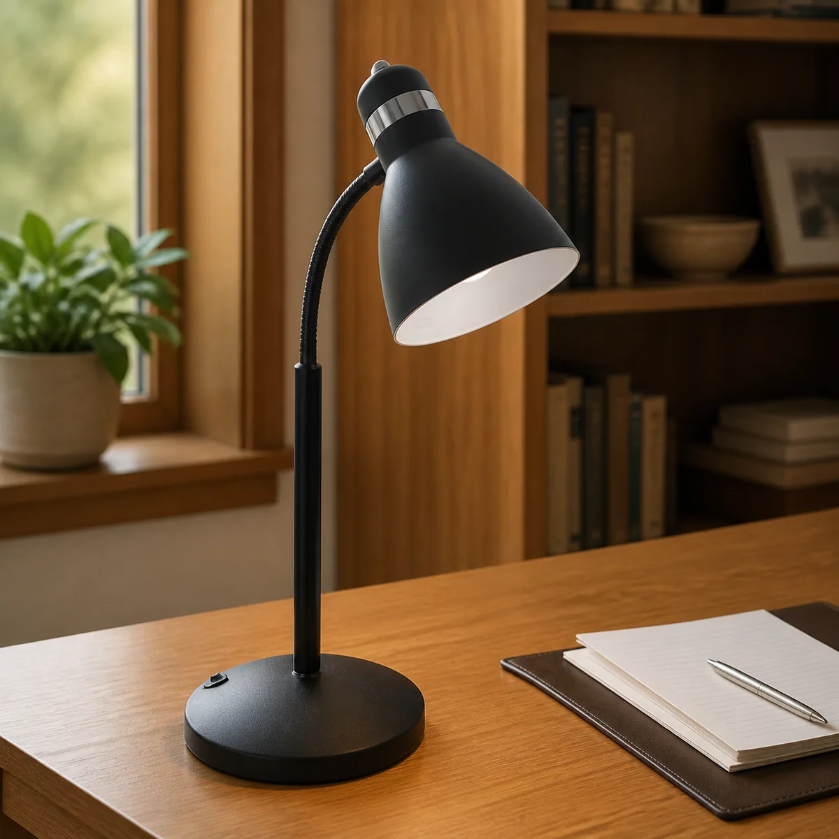 Midnight Tall-Neck Desk Lamp staged in a curated room setting one.