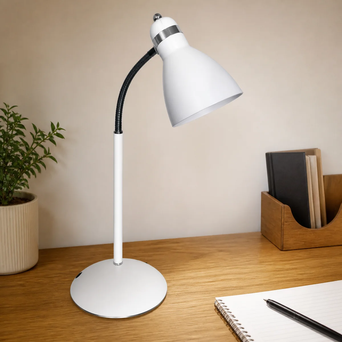 Ivory Tall-Neck Desk Lamp staged in a curated room setting one.