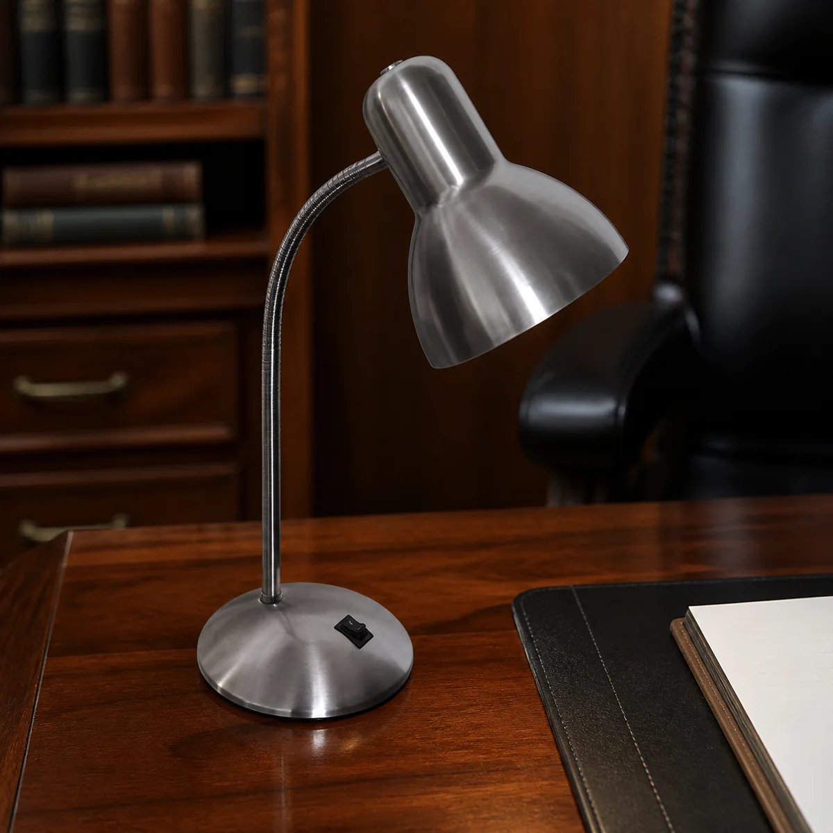 Satin Bell Desk Lamp staged in a curated room setting one.