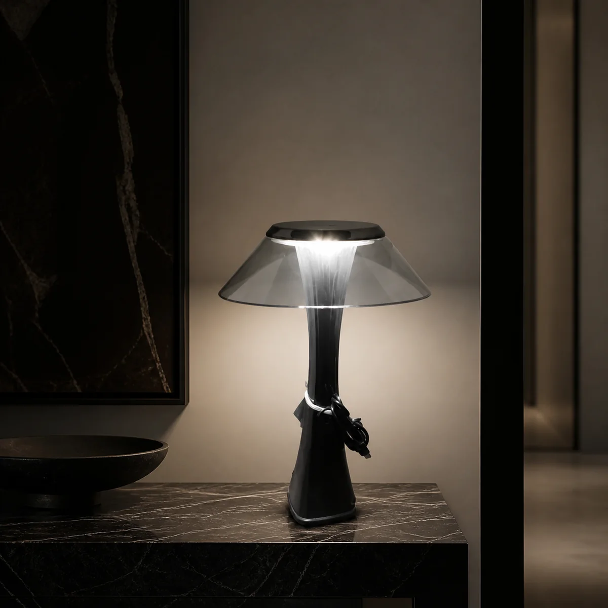 Graphite Sculptural Table Lamp staged in a curated room setting one.