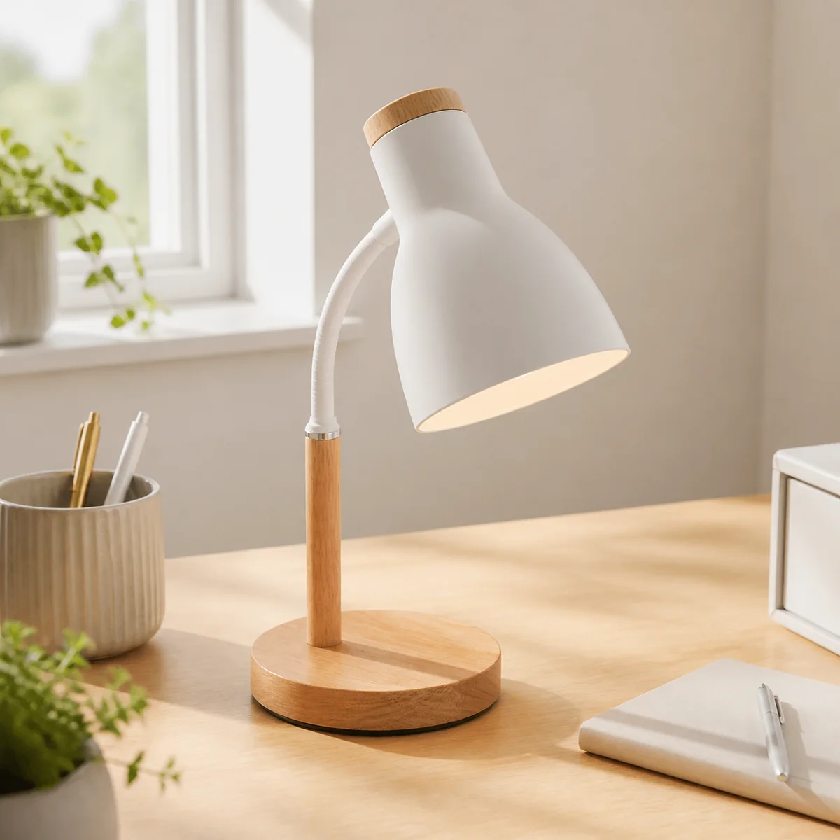 Ivory Timber-Base Task Lamp staged in a curated room setting one.