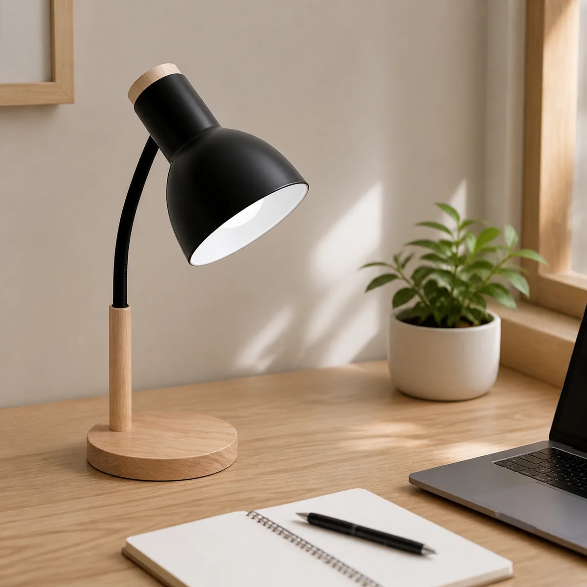 Midnight Timber-Base Task Lamp staged in a curated room setting one.