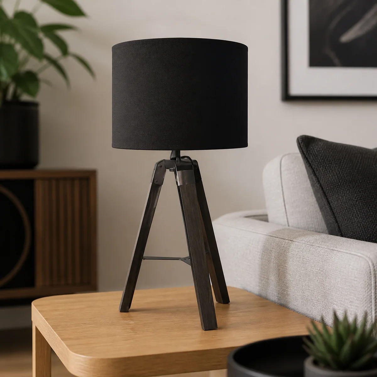 Midnight Tripod Table Lamp staged in a curated room setting one.