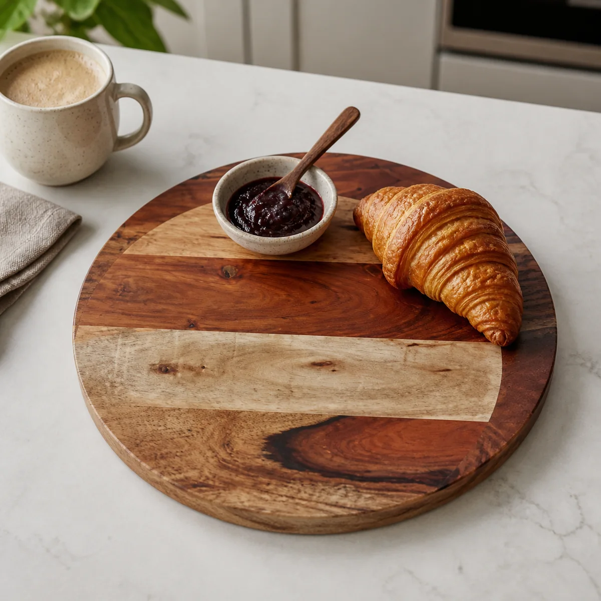 Dune Round Timber Board staged in a curated room setting one.