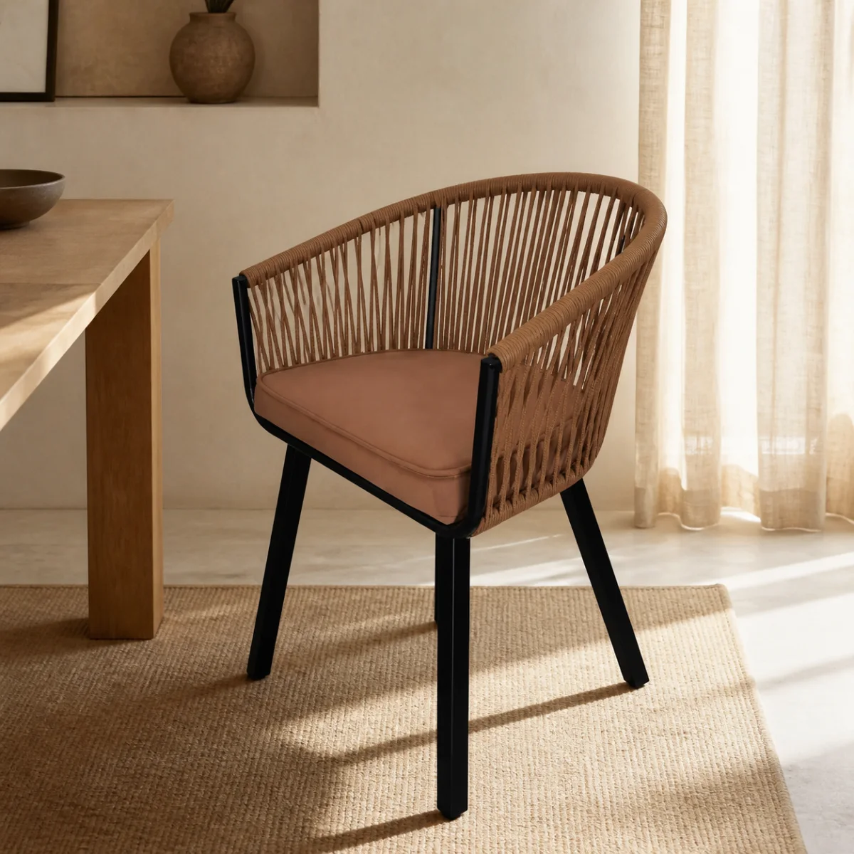 Sundown Woven Dining Chair staged in a contemporary dining room.