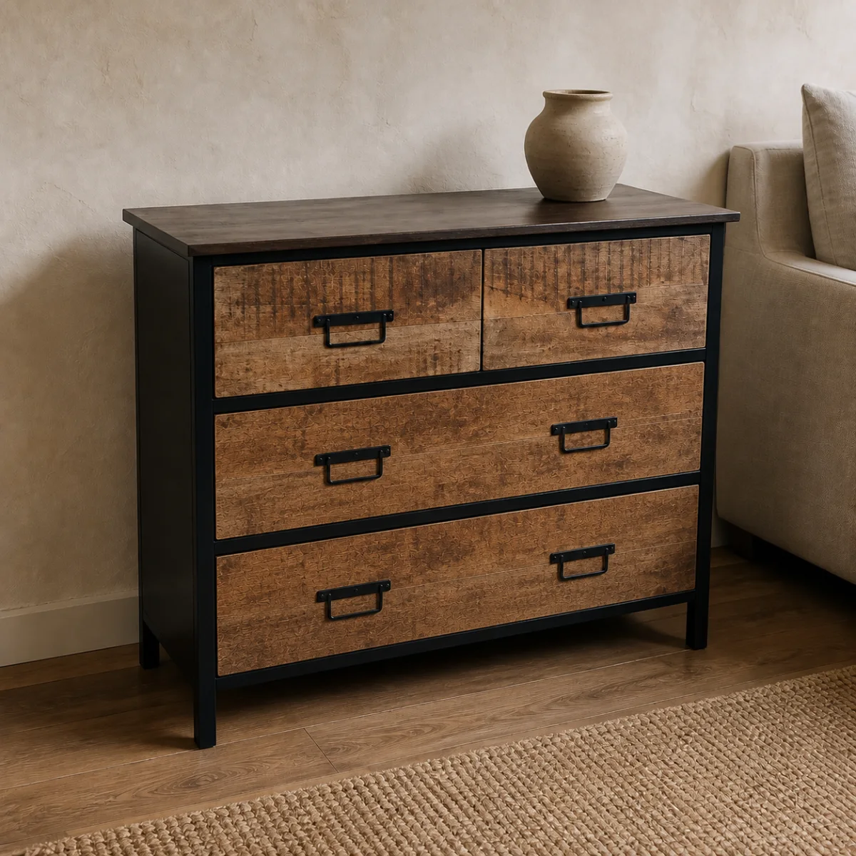 Foundry Four-Drawer Chest staged in a warm contemporary living room.