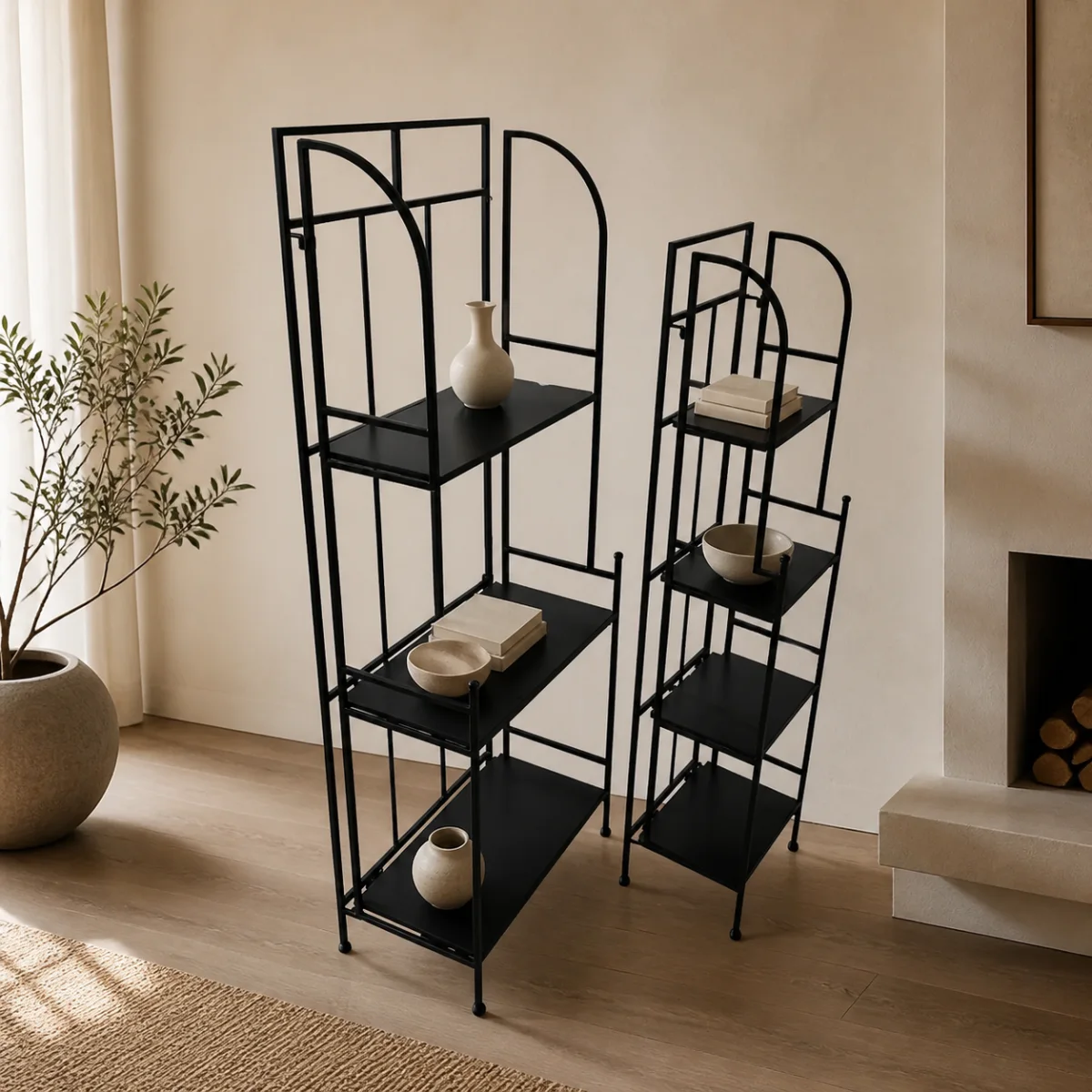 Mehrab Display Towers staged in a warm living room.