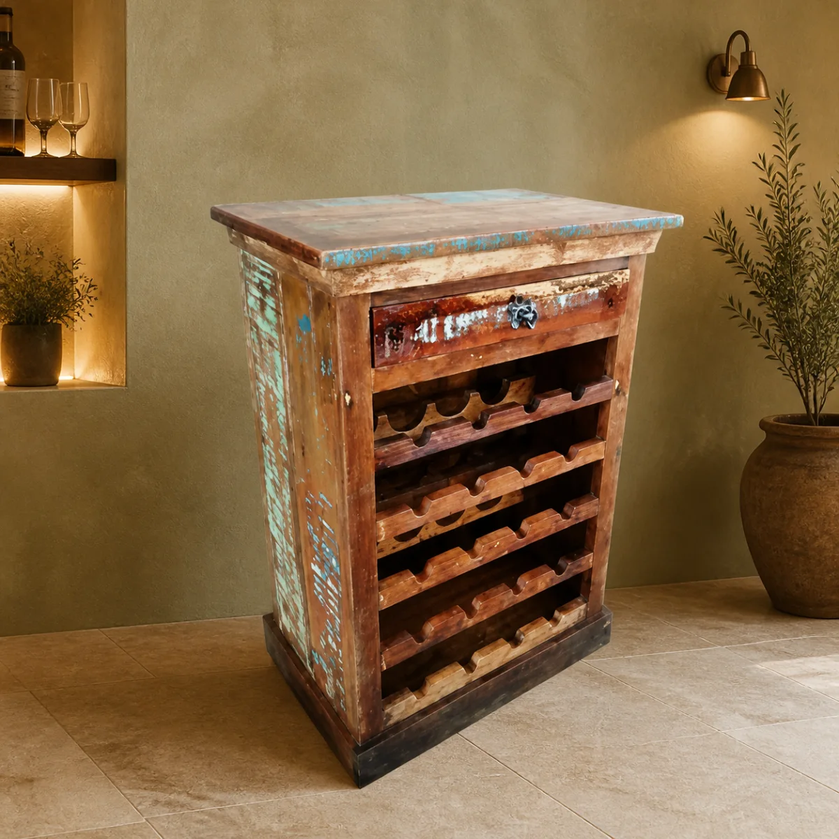 Jaisalmer Bottle Cabinet staged in a refined home bar.