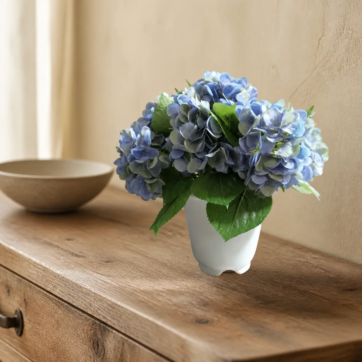 Monsoon Blue Hydrangea Arrangement staged in a reclaimed dining sideboard.